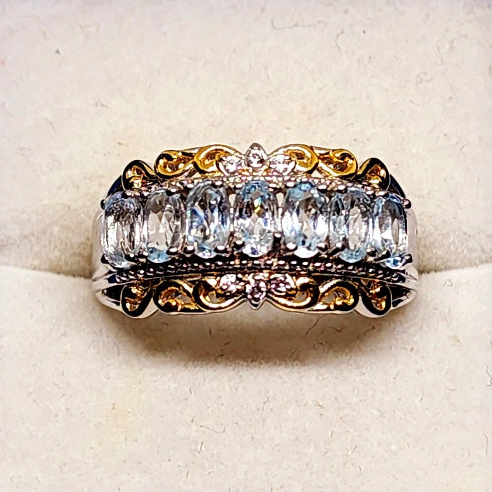 Sky Blue Topaz & Natural White Zircon ring in 18K YG vermeil&Plat over Brass sz9